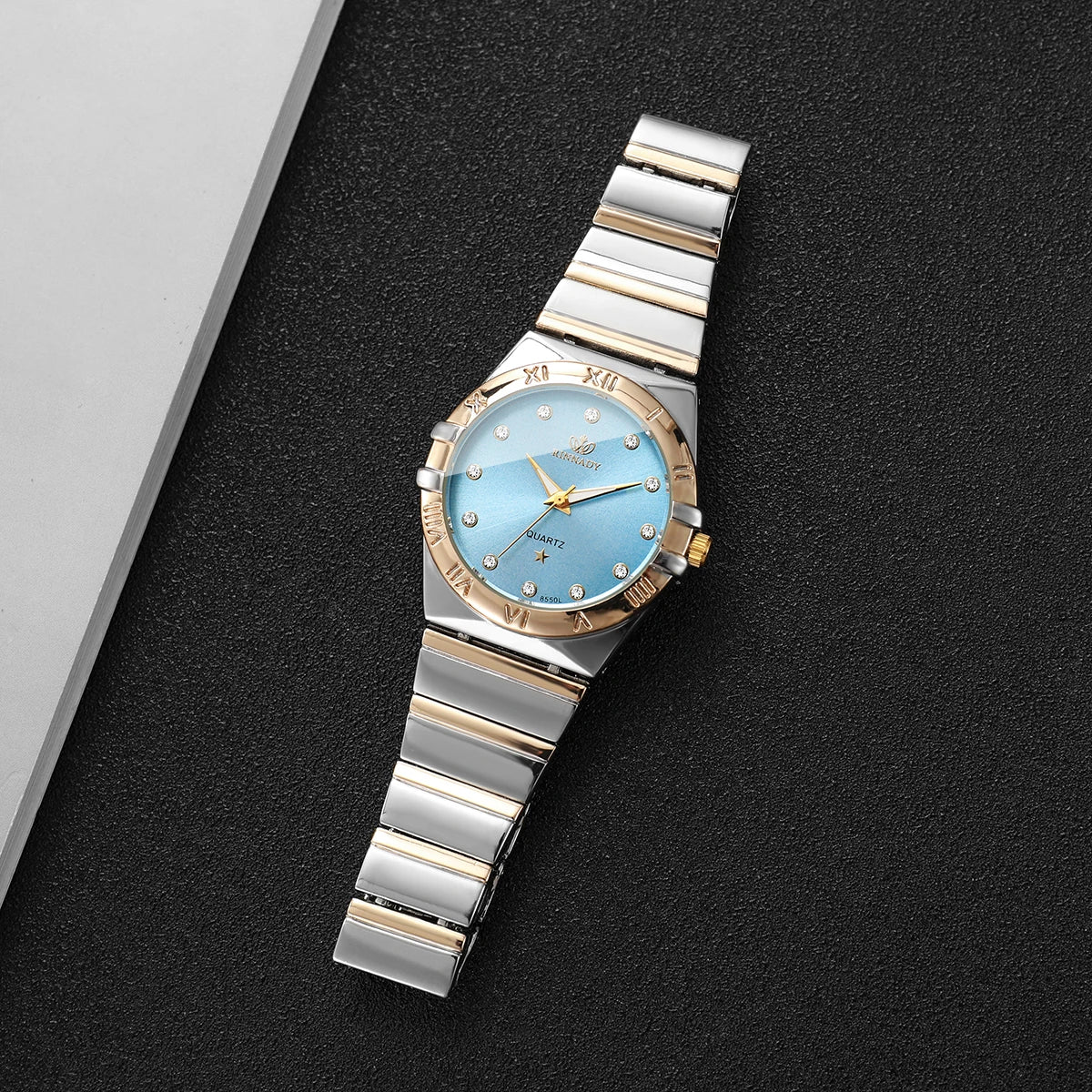 Elegant Women Two Tone Metal Band Quartz Watch Rhinestone Decor Light Blue Dial Casual Ladies Wrist Watch Gift Qme