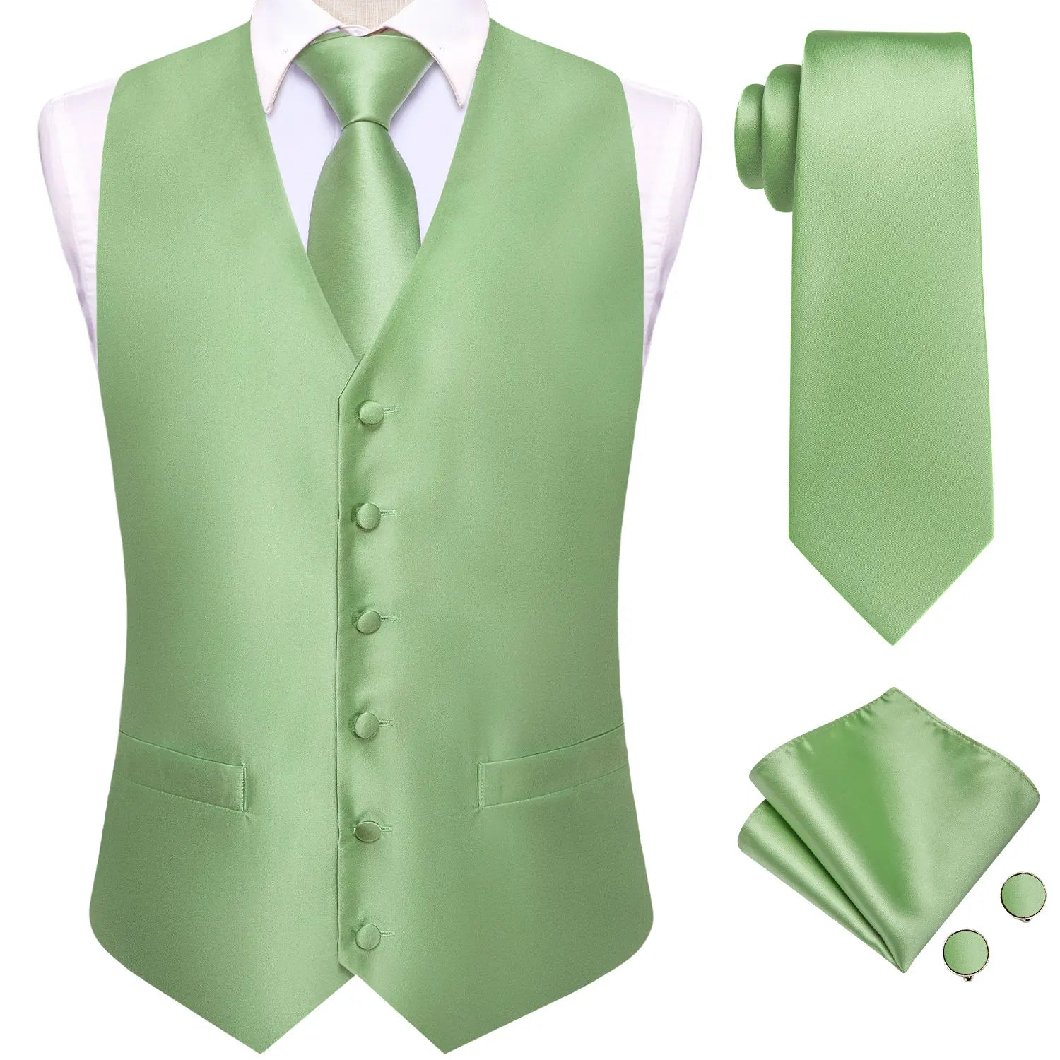Sage Green Solid Floral Mens Suit Vests Woven Blue Waistcoat Tie Qme MJ-3213 L