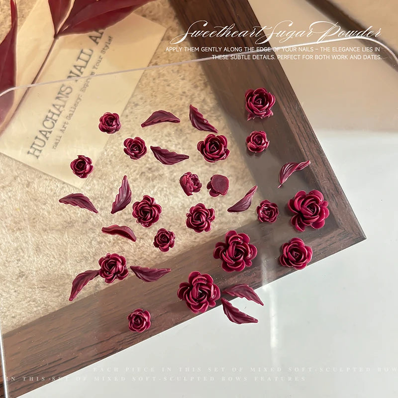 Manicure Kawaii Charms 3D Mix Sizes Beautiful Blossoming Rose Flowers Qme Red