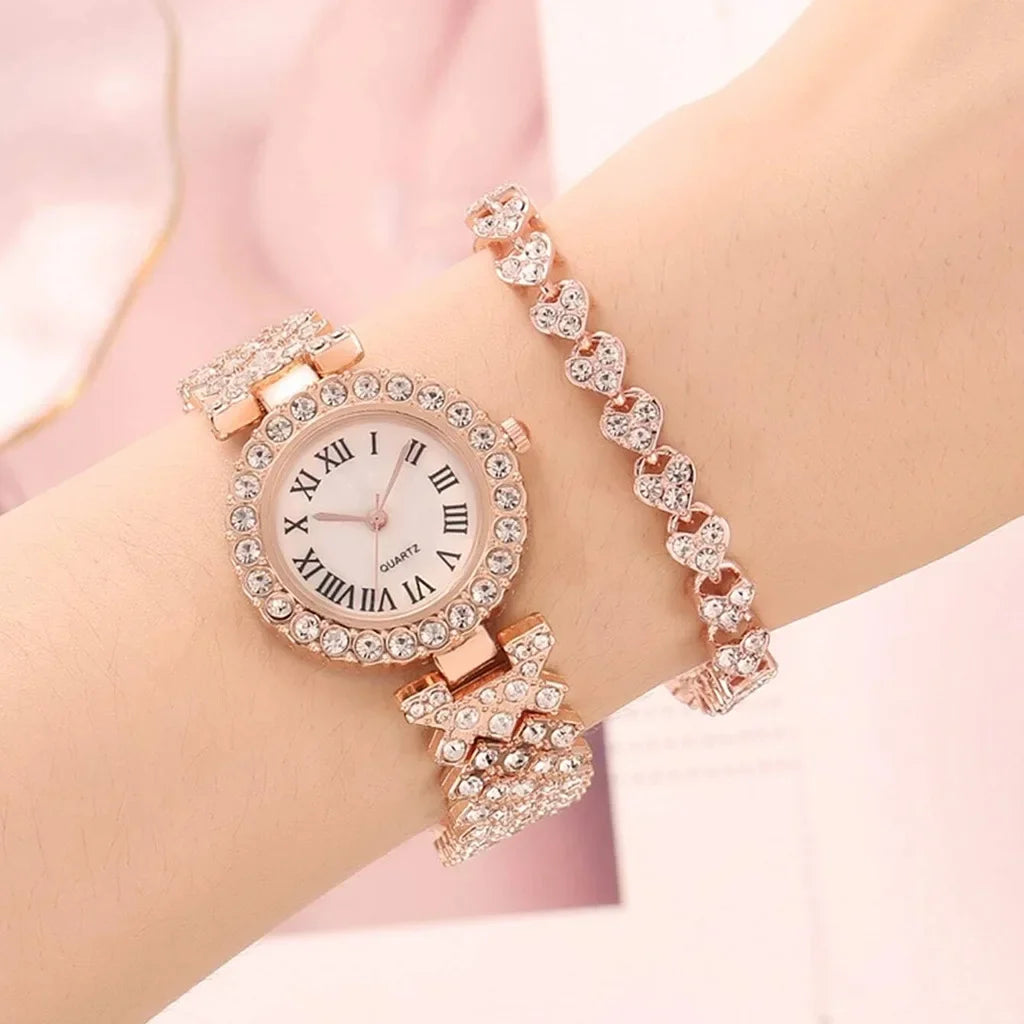 2-piece luxury rhinestone watch set for women, fashionable watch set for women Qme