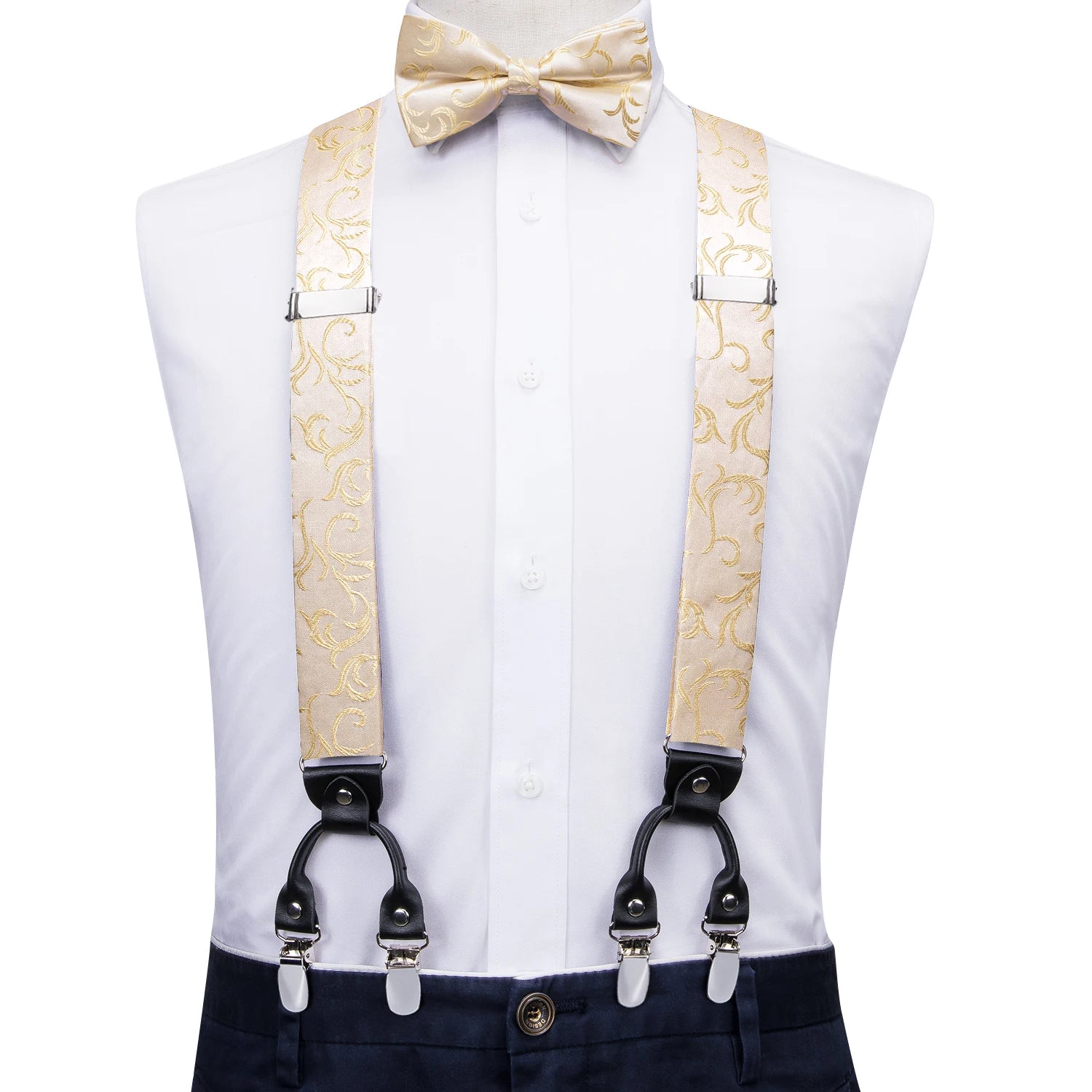 Silk Woven Mens Suspenders Bow Tie Hanky Cufflinks Strength 6 Clips Qme BD-3061