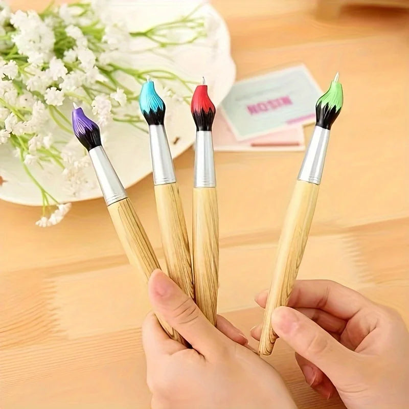 Creative Brush Styling Pen - Realistic Wood Oil Painting Effect, Smooth Ballpoint, Styling Brush Design - Perfect For School Qme