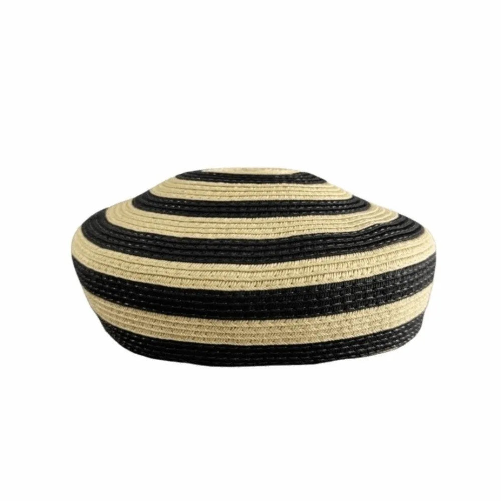 Beach Cap Striped Pattern Straw Top Hat Paper Straw Color Block Dome Cap Wide Brim Lightweight Sun Hat Elegant Ladies Qme Black