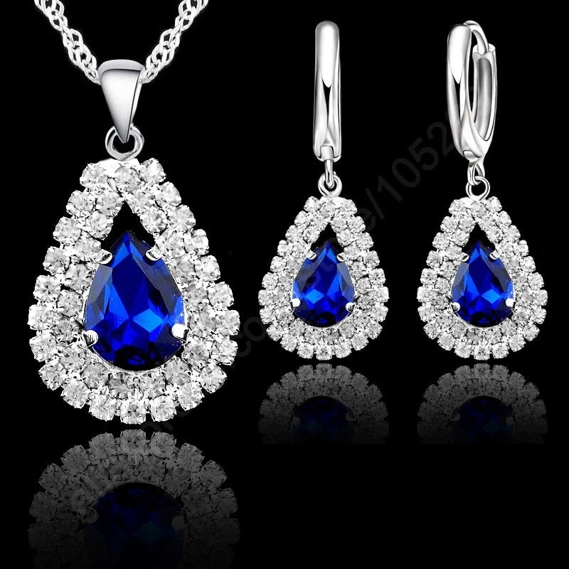 Hot Sale Bridal Jewelry Set 925 Sterling Silver Color Austrian Crystal Water Drop Necklaces Hoop Earring Women Party Engagement Qme