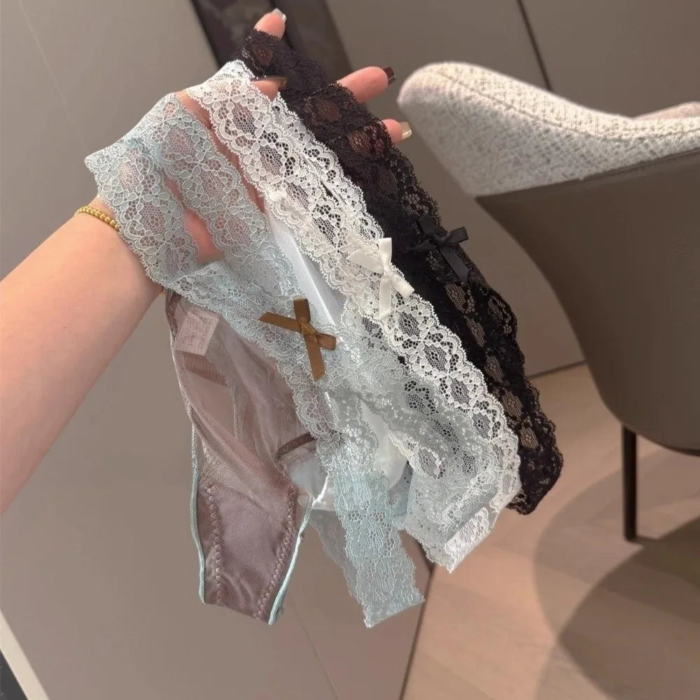 Sweet Low Waist Lace Thongs Transparent Lingerie Ladies T-back Briefs Qme