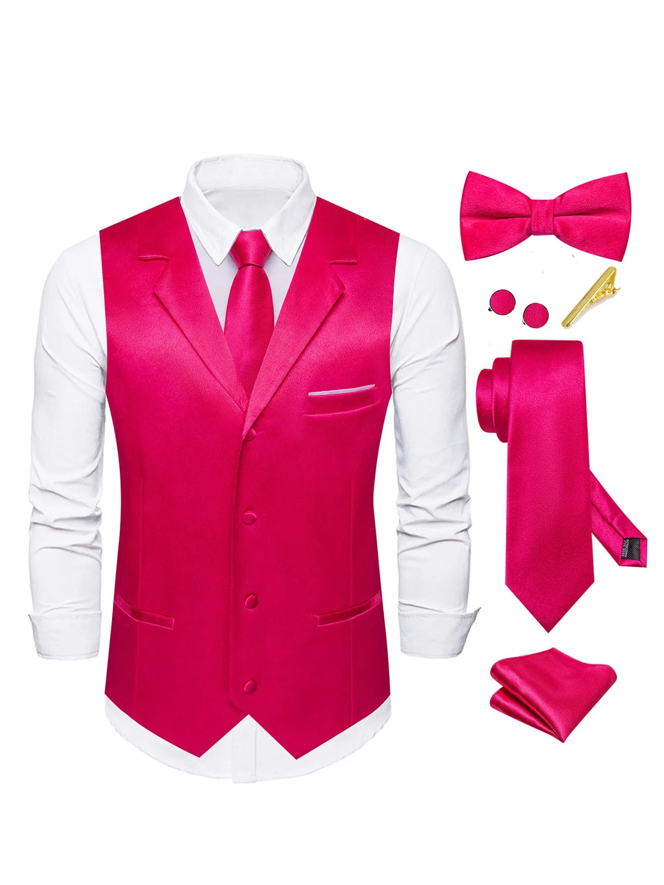 Men's Satin Vest Tie Hanky Cufflinks Bowtie Clip Formal Waistcoat Qme