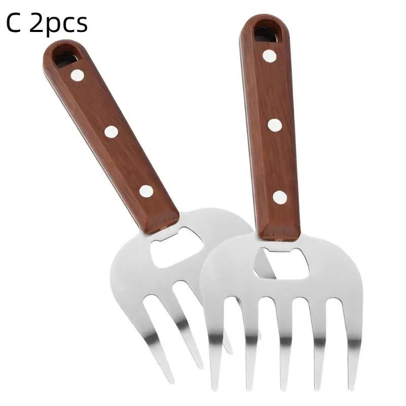 1 Stainless Steel Meat Cutter Finger Protector Fork Wooden Handle Qme C 2pcs