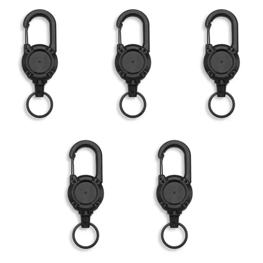 Retractable Heavy Duty Pull Reel Carabiner Key Chains Strong Steel Wire Rope Buckle Spring Key Ring Outdoor Sporty Keychain Tool Qme 5PCS black