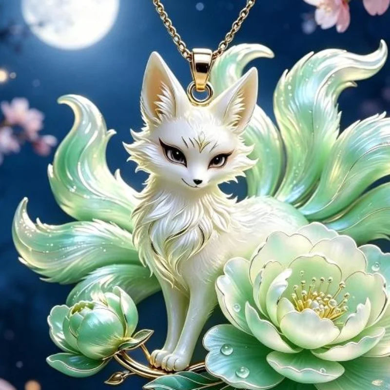Nine Tailed Fox Pendant Necklace Unique Peony Flower Design Gold Plated Jewelry for Women Gifts Qme