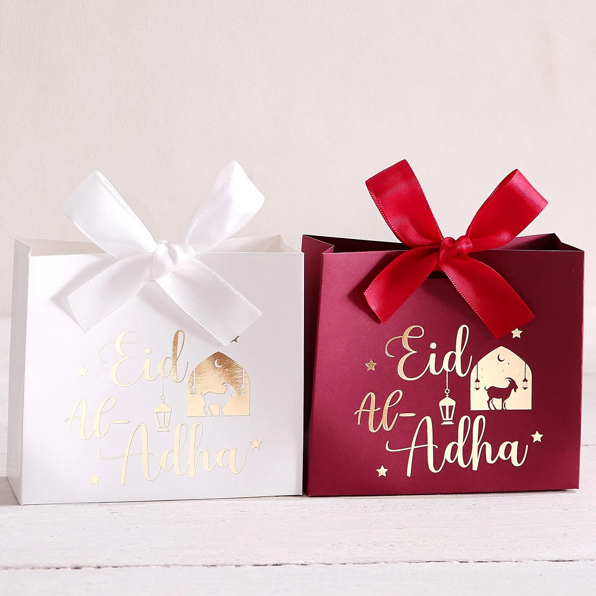 5 Eid Al-Adha Gift Boxes, Beautiful Sheep and Calligraphy Text Design, Pastel Colors, Ribbon Handles, Perfect for Eid Al-Adha Pa Qme