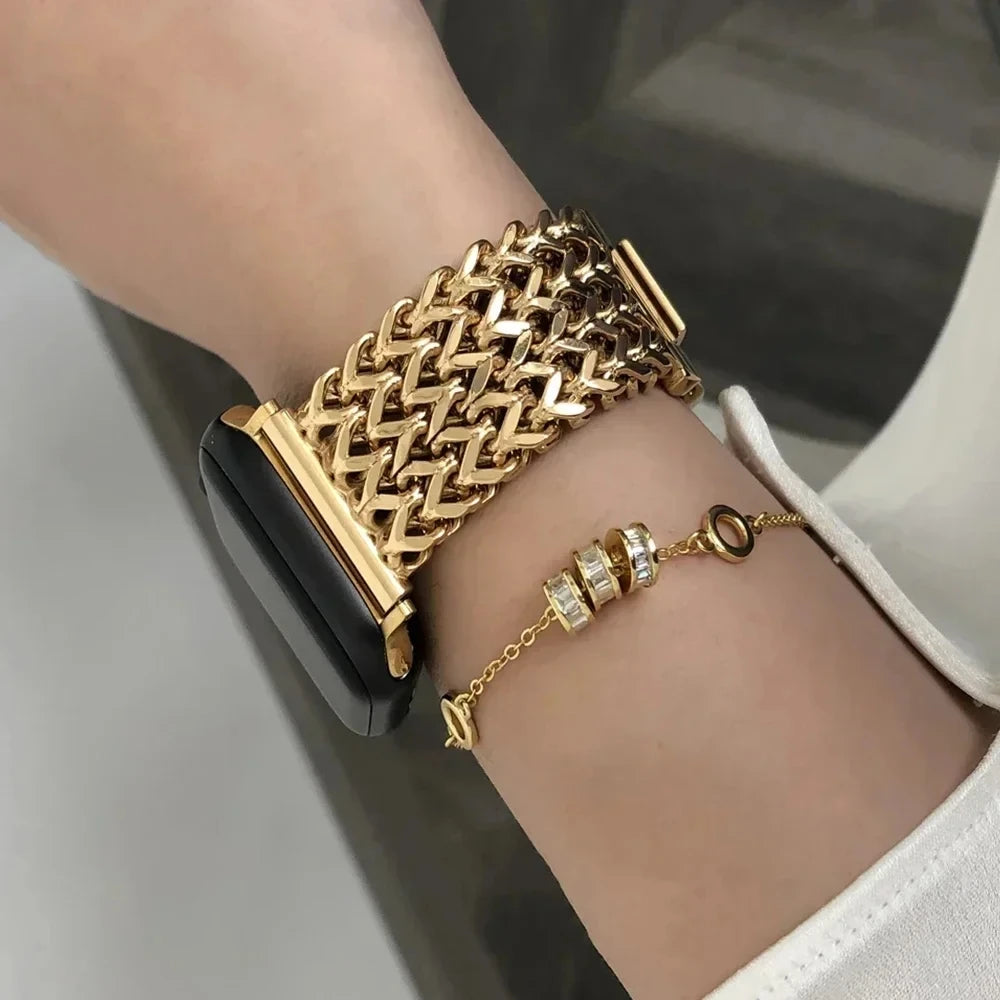 Luxury Stainless Steel Band For Apple Watch 9 8 7 6 SE 5 3 45/44/42/41mm Metal Braided Bracelet Correa iWatch Ultra 49mm 40 38mm Qme