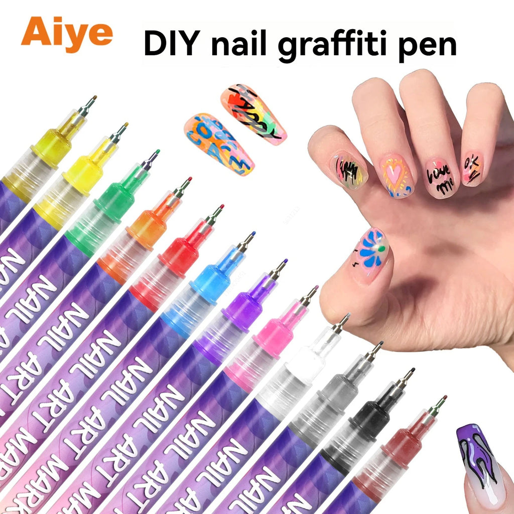Nail Art Graffiti Pen Set Nail Marker Drawing Acrylic Paint Pens Waterproof Nail Painting Manicure Extra 0.5m Fine 12 Colors Qme