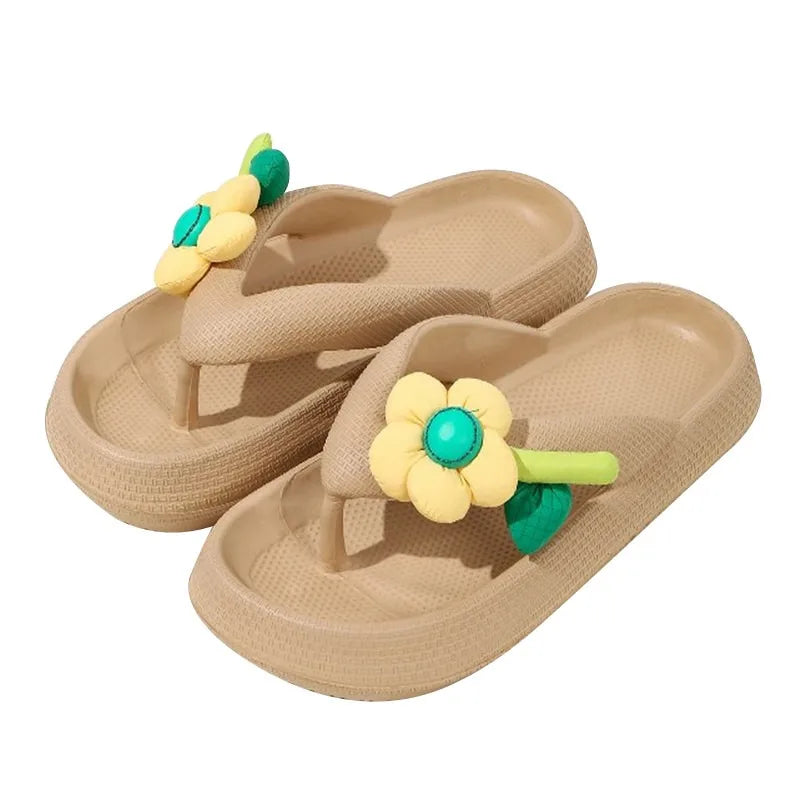 New Summer Platform Flip-Flops Handmade Flower Soft Bottom Cloud Slippers Travel Holiday Beach Lady Cute Shoes Women Slides Qme A-Khaki 42-43