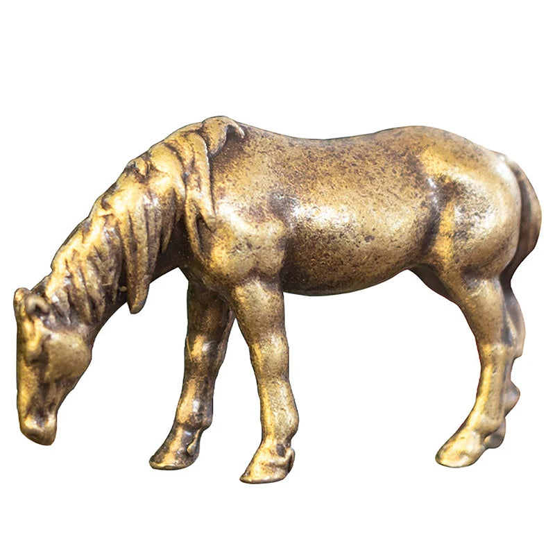 Antique Brass Solid Long Tail Horse Figurines Miniatures Feng Shui Ornaments Copper Zodiac Animal Mini Desktop Decoration Crafts Qme