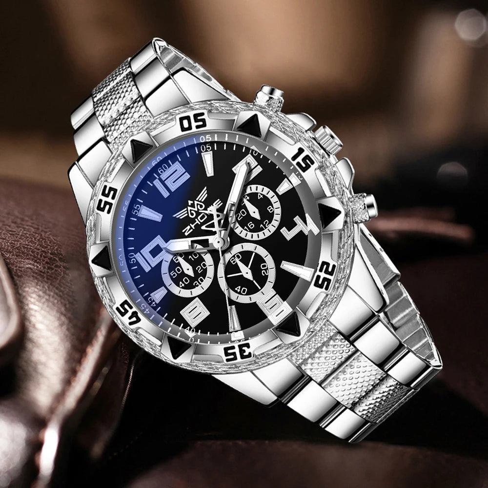 2PCS Silver Men's Watch Set Fashion Trend Business Quartz Watch Set Suitable for Daily Clothing Matching Perfect Gift Qme