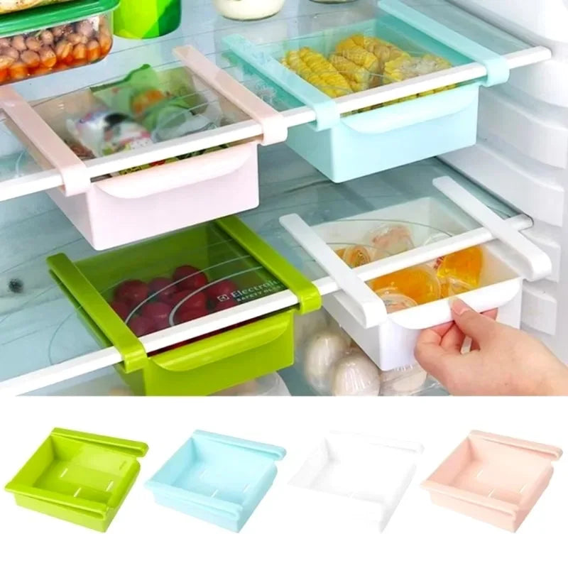 Slide Kitchen Fridge Freezer Space Saver Organizer Storage Rack Shelf Holder Kitchen Refrigerator Storage Box Food Container Qme