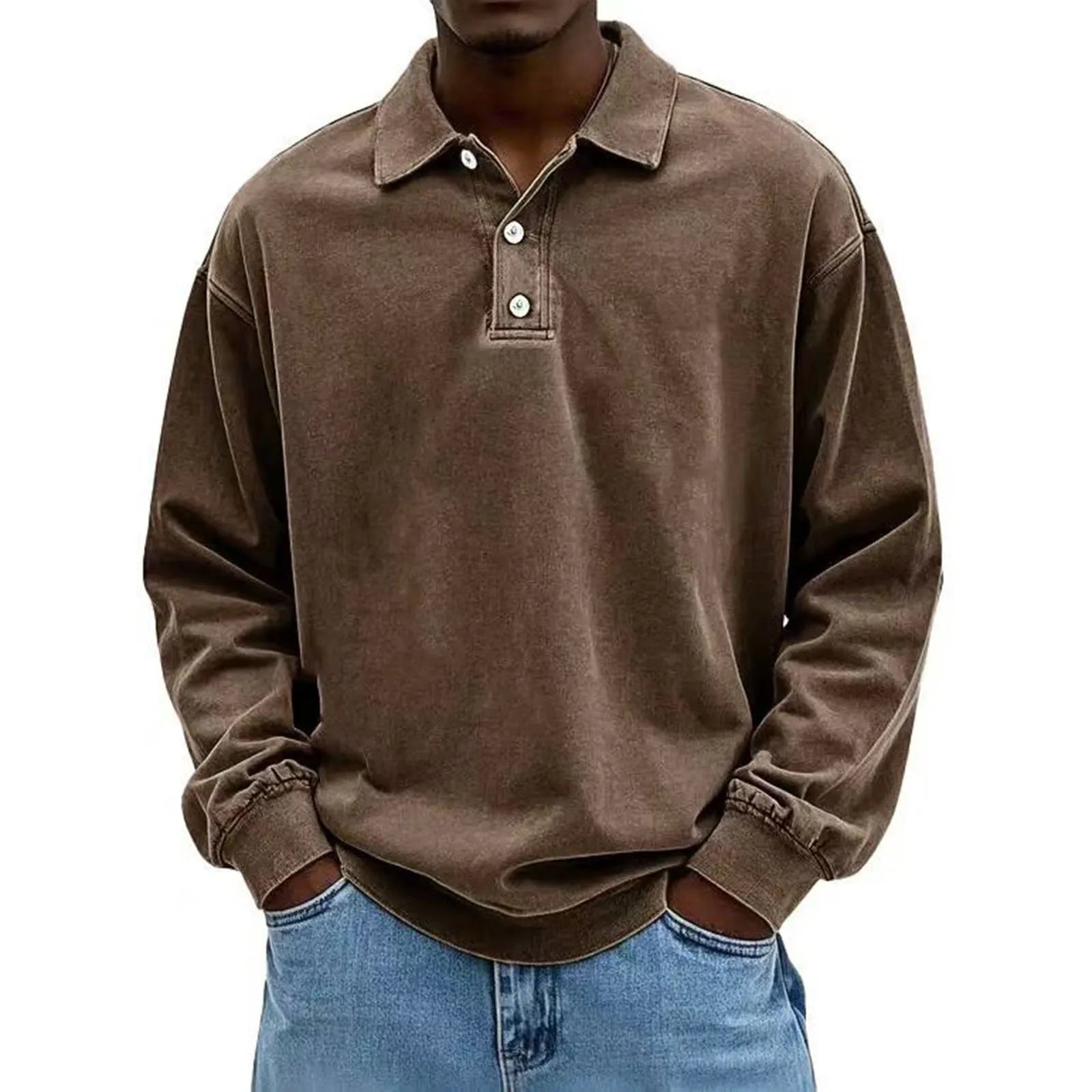 Men's Baggy Korean Style Leisure Daily Versatile Long Sleeves Flip Collar Pullover Shirt Fashion Solid Color Button Hoodies Qme Brown L