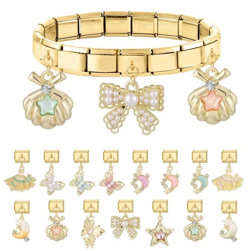 Y2k Charm Colored Butterfly Bowknot Leafs Italian Charm Links Fit 9mm Bracelet Stainless Steel DIY Jewelry Making Wholesale Qme