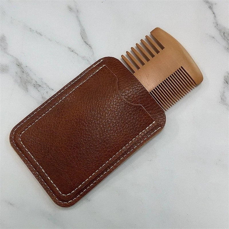 Natural Wood Hair Brush Beard Comb PU Leather Case Anti-static Qme