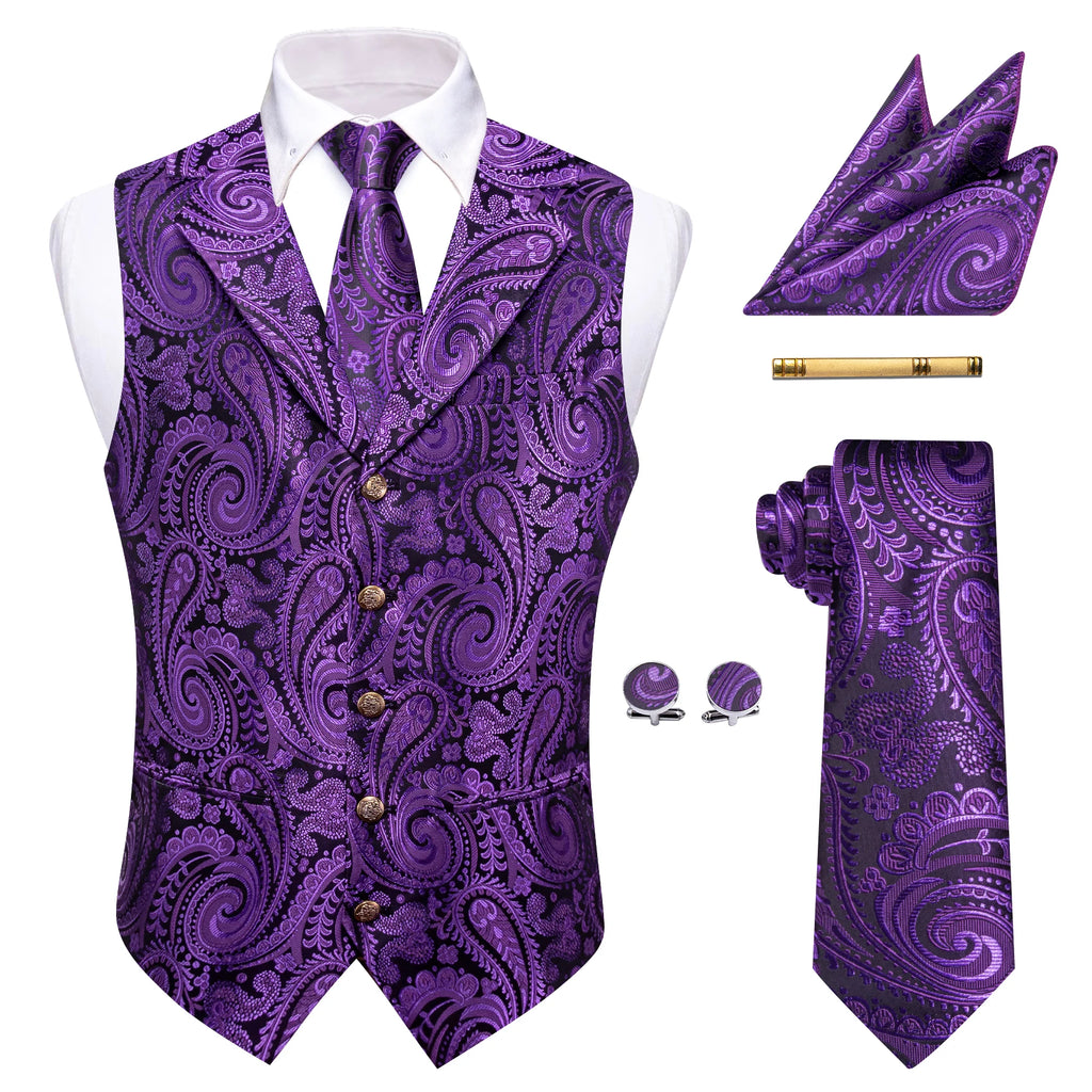 Mens Suit Golden Black Purple Orange Vest Tie Hanky Cufflinks Set Paisley Waistcoat for Male Wedding Busniess Qme MJTZ9088 XL