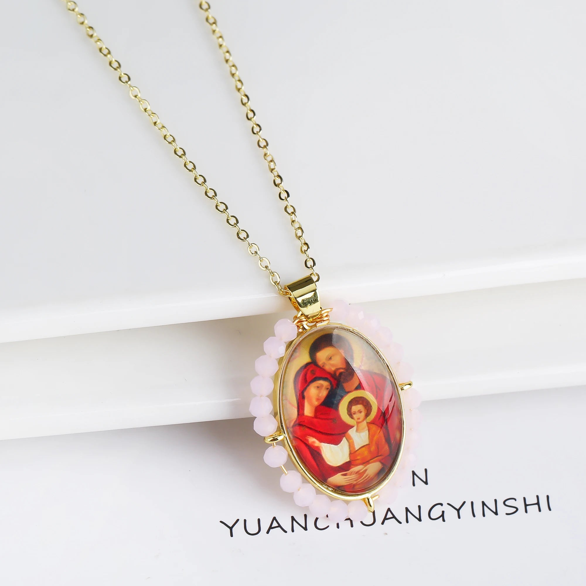 High Quality Hot Sale Religious Style Christian Catholic Image Pendant For Women Men Oval Shape Pave Beads Chain Choker Jewelry Qme 6