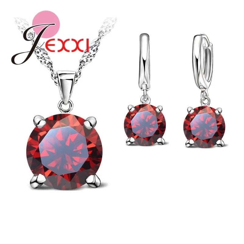 Hot Selling 4 Claws Cubic Zirconia CZ 925 Sterling Silver Color Jewelry Sets Pendant Necklace Earring for Women Wedding Sets Qme Red