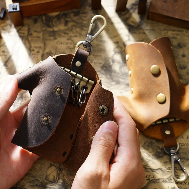 Stylish Crazy Horse Leather Key Case Compact Waist-hung Bag Perfect Qme