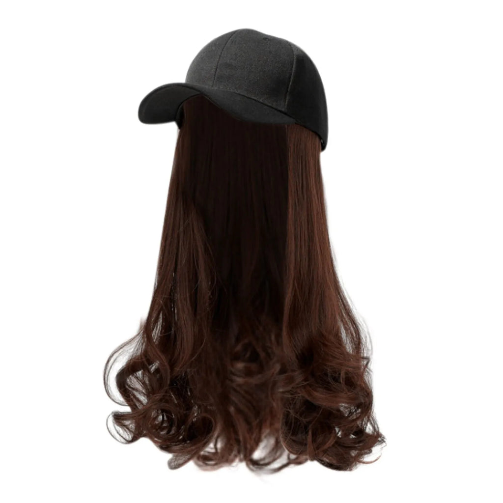 Baseball Cap With Hair Extensions Long Curly Hairstyle Adjustable Removable Black Wig Hat 17.7inch For Woman Girl Qme