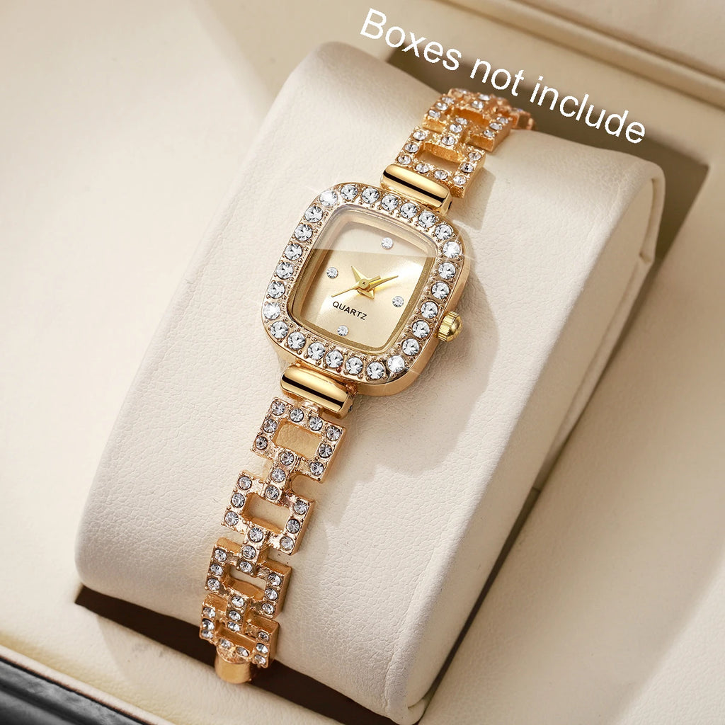 Luxury Gold Square Women Watch Bling Rhinestone Bracelet Quartz Wristwatch Elegant Ladies Dress Clock Reloj Mujer Without Box Qme Gold No Box