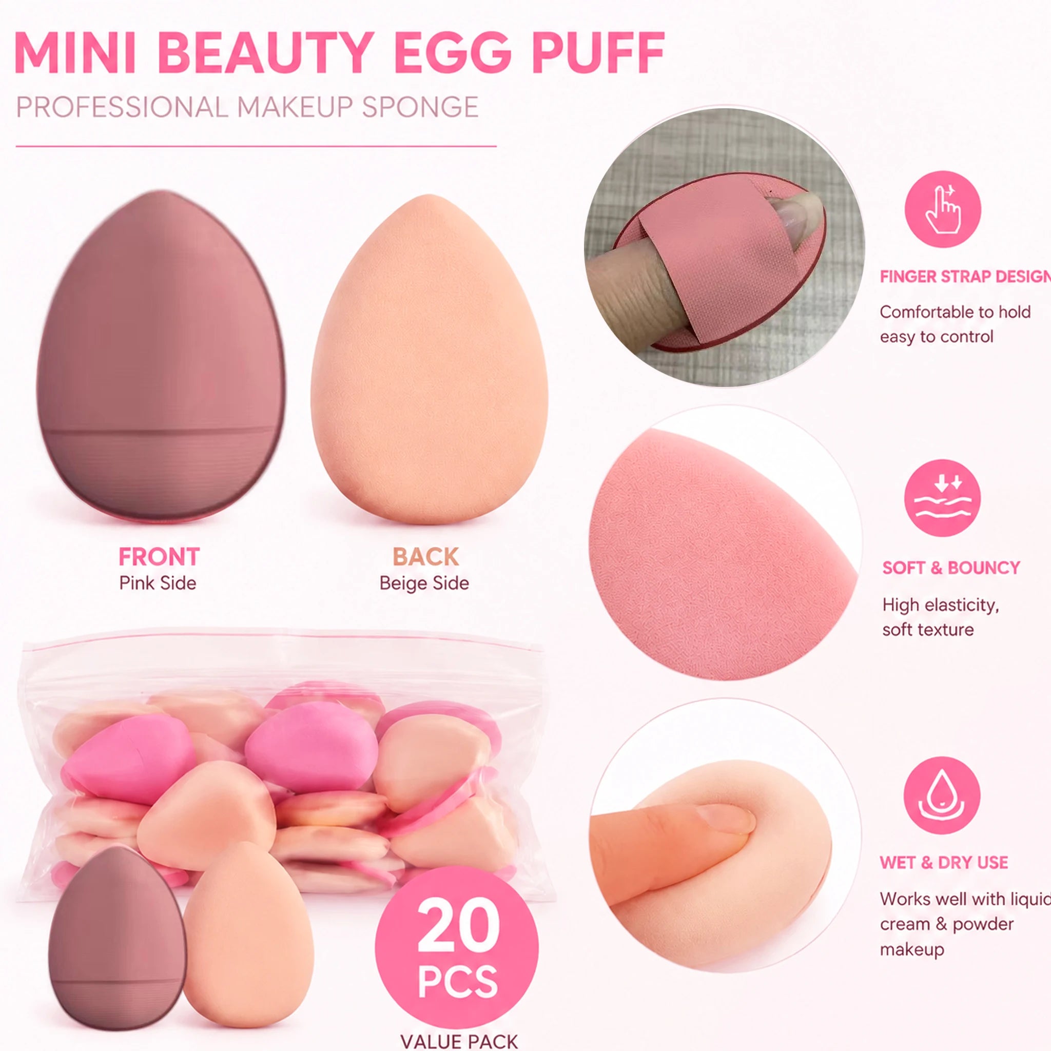 Mini Finger Puff Foundation Small Air Cushion Powder Sponge Face Qme pink
