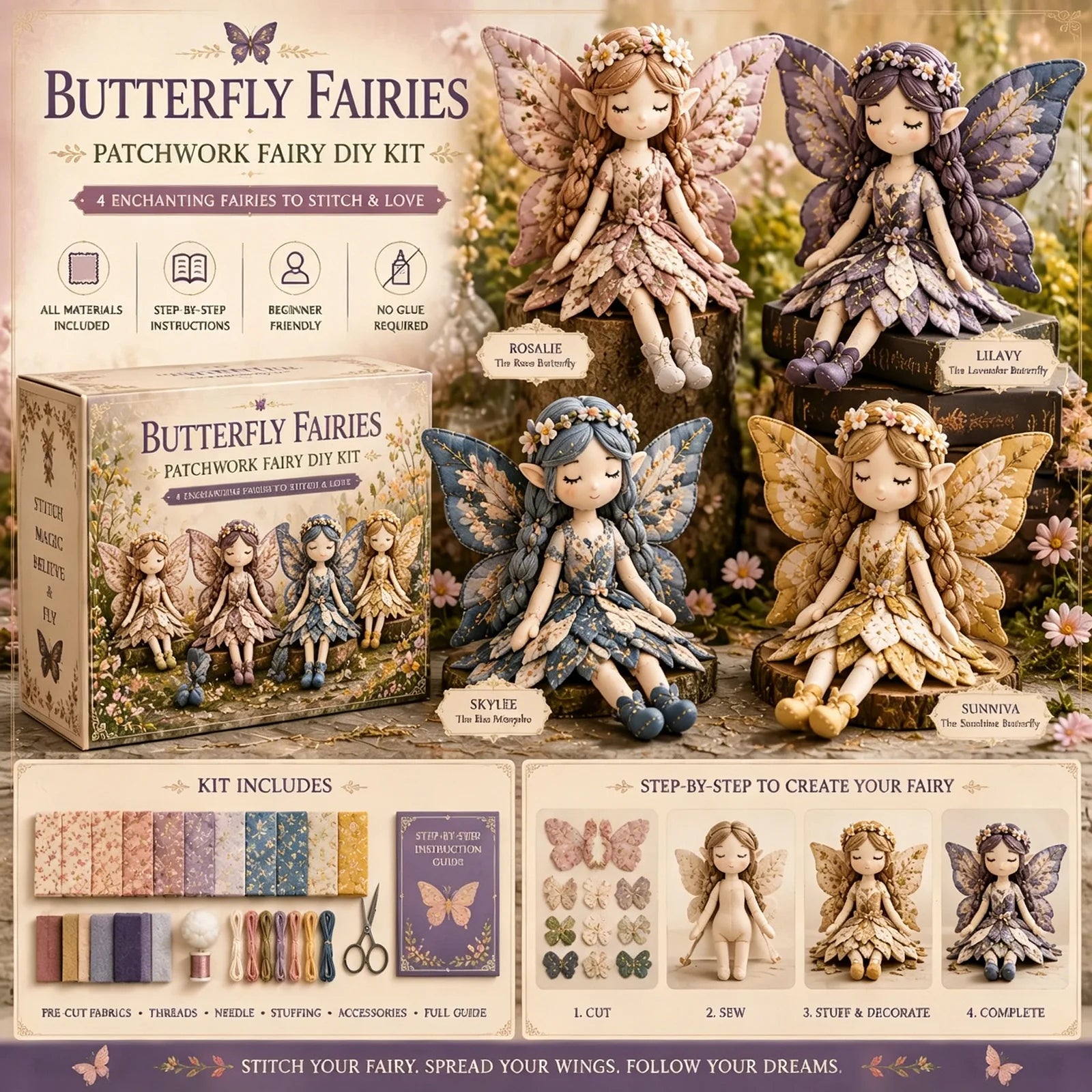 4Pcs Fairy Patchwork DIY Collection Handmade Make Winged Fairies Cloth Figurine Fairy Patchwork Sewing Kit Gift for Craft Lovers Qme