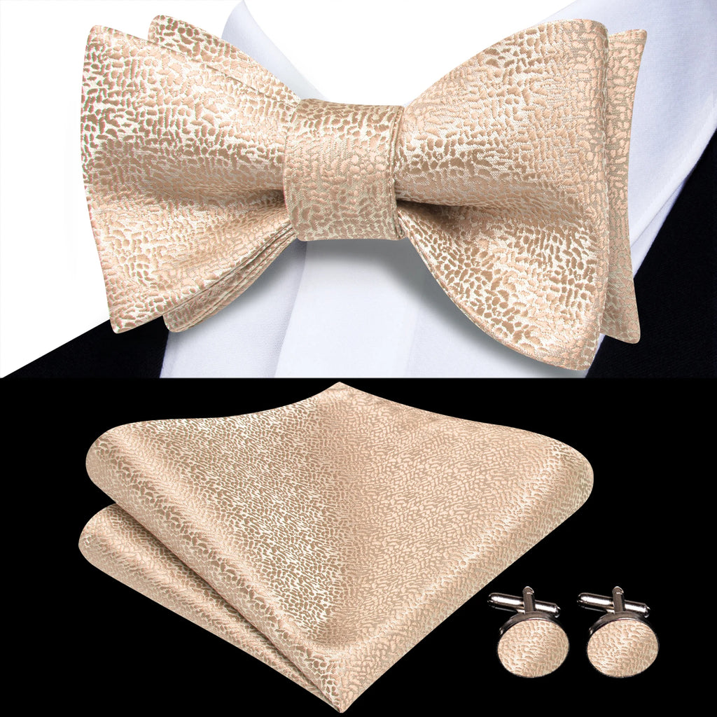 Beige Champagne Gold Silk Mens Bow Tie Hanky Cufflinks Jacquard Qme HT-LH-2321