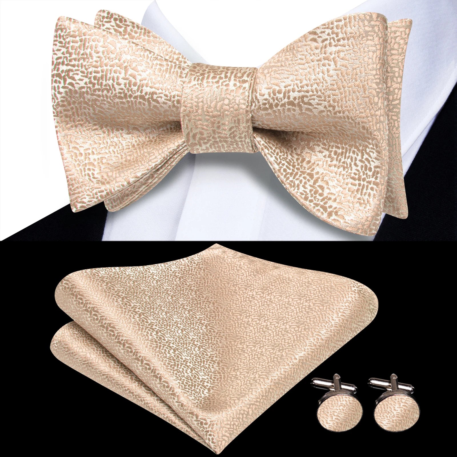 Beige Champagne Gold Silk Mens Bow Tie Hanky Cufflinks Jacquard Qme HT-LH-2321