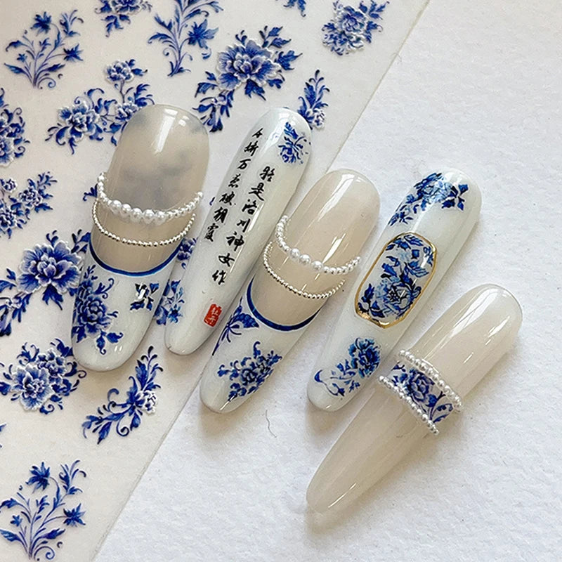 Blue White Porcelain-style 3D Nail Art Stickers Self-adhesive Qme