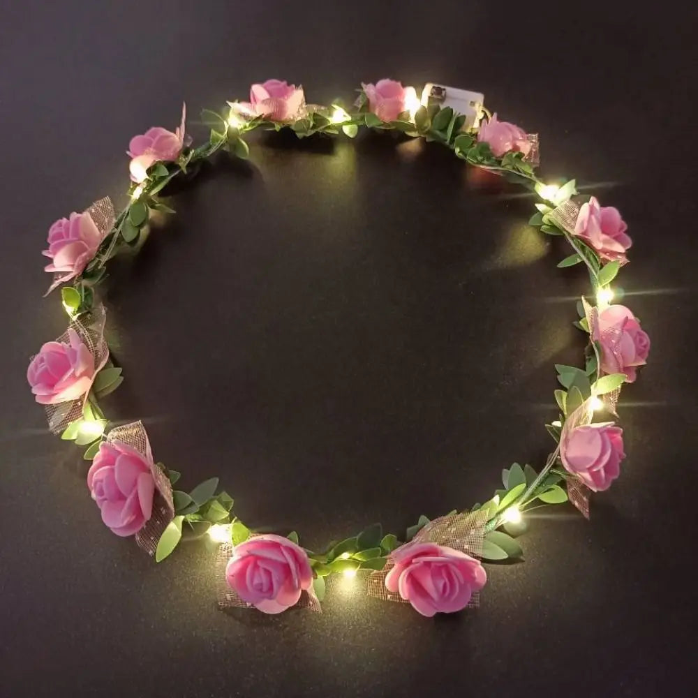 Simulation Rose Flower Wreath Headband Tiara LED Light Crowns Qme B