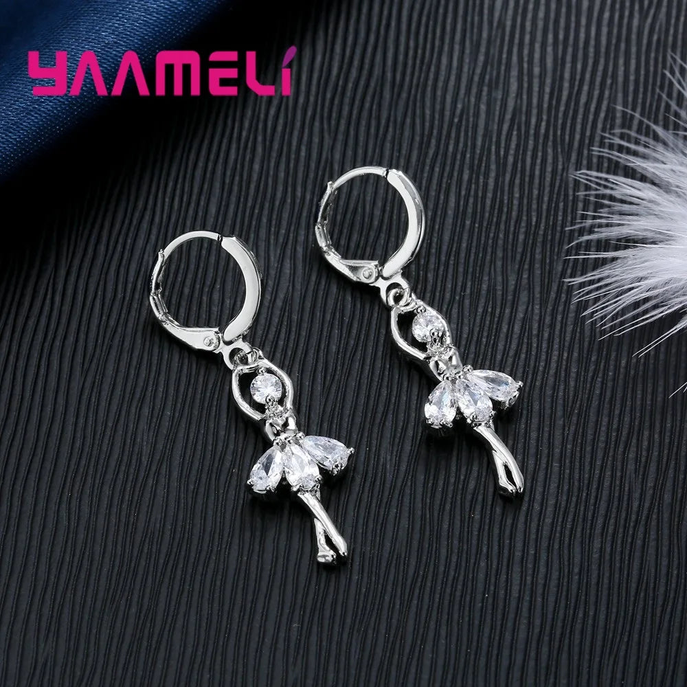 High-End Women Jewelry Sets Ballet Girls Figure Lady Usual 925 Sterling Silver Color Necklace And Hoop Earrings Accessory Qme