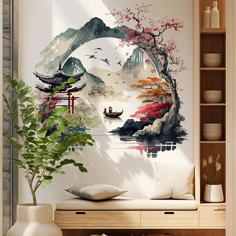 Landscape Painting Birds Mountain River Wall Sticker Background Home Qme