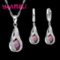 Hot Water Drop CZ 925 Sterling Silver Plated Jewelry Set For Women Pendant Necklace Hoop Earrings Wedding Party Ceremoey Anel Qme Red