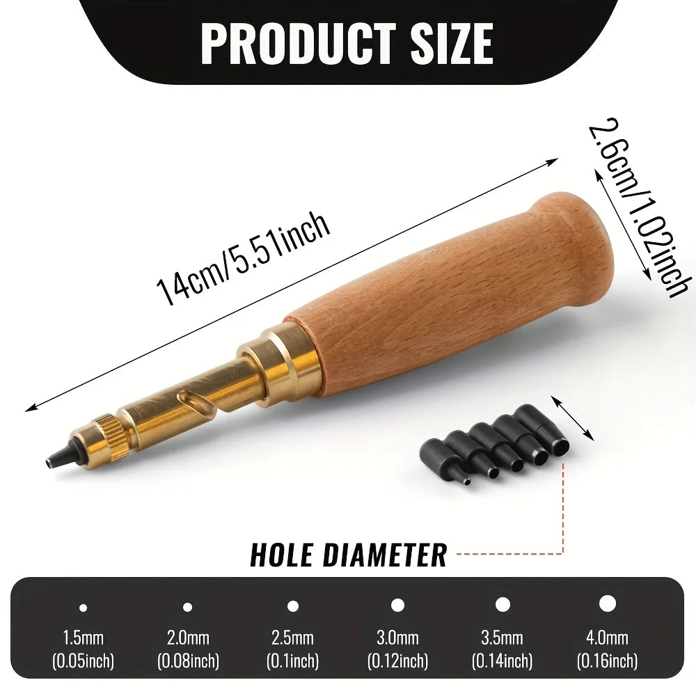 Adjustable leather punch, featuring 6 punching heads in sizes 1.5mm/2mm/2.5mm/3mm/3.5mm/4mm, leather craft tool Qme