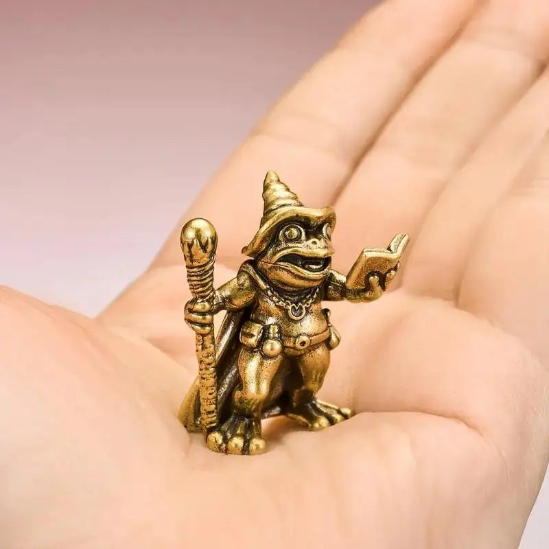 Vintage Brass Frog Wizard Statue Holding Magic Wand Ornament Home Qme
