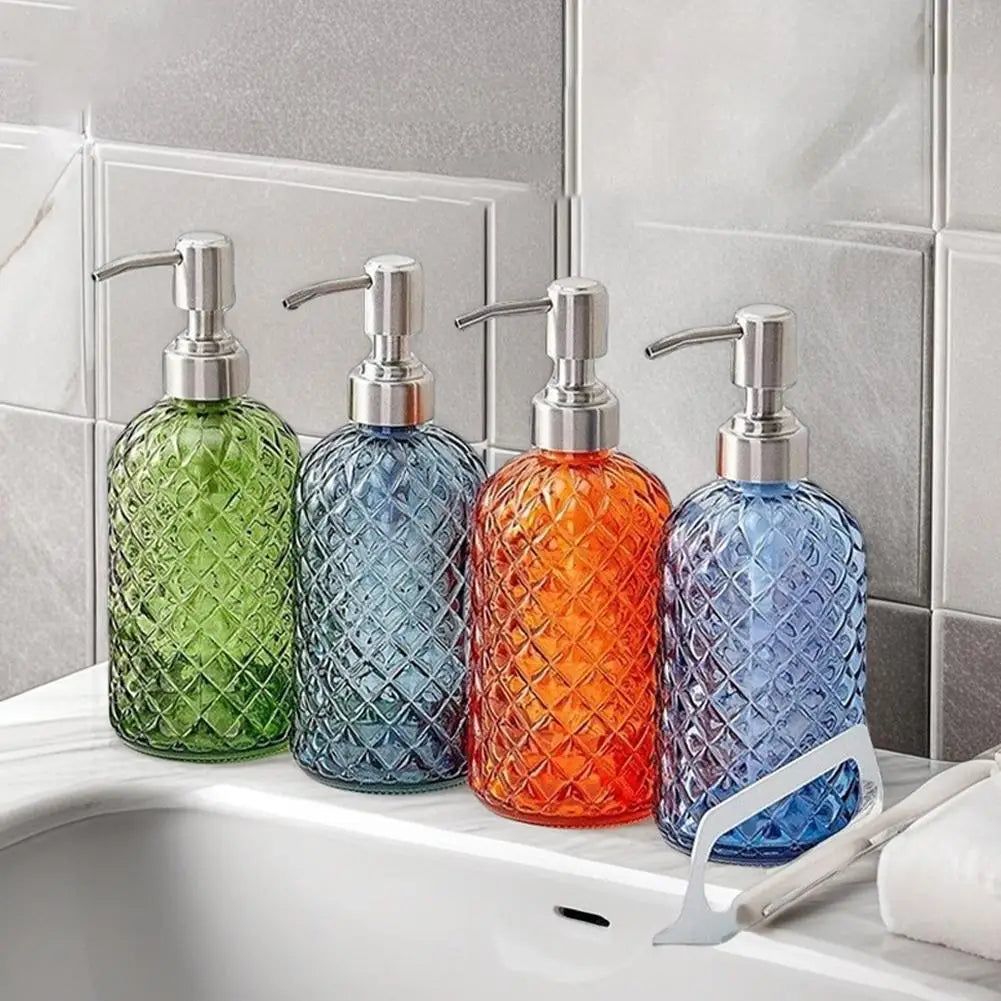 Glass Soap Dispenser Rust Proof Stainless Steel Pump Gem Patterned Qme