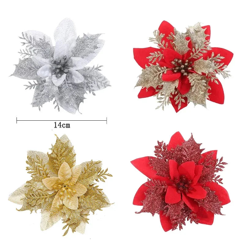 5PCS Glitter Poinsettia Artificial Xmas Flowers Ornaments for Christmas Tree Decorations Fake Flowers Head Christmas Decoration Qme