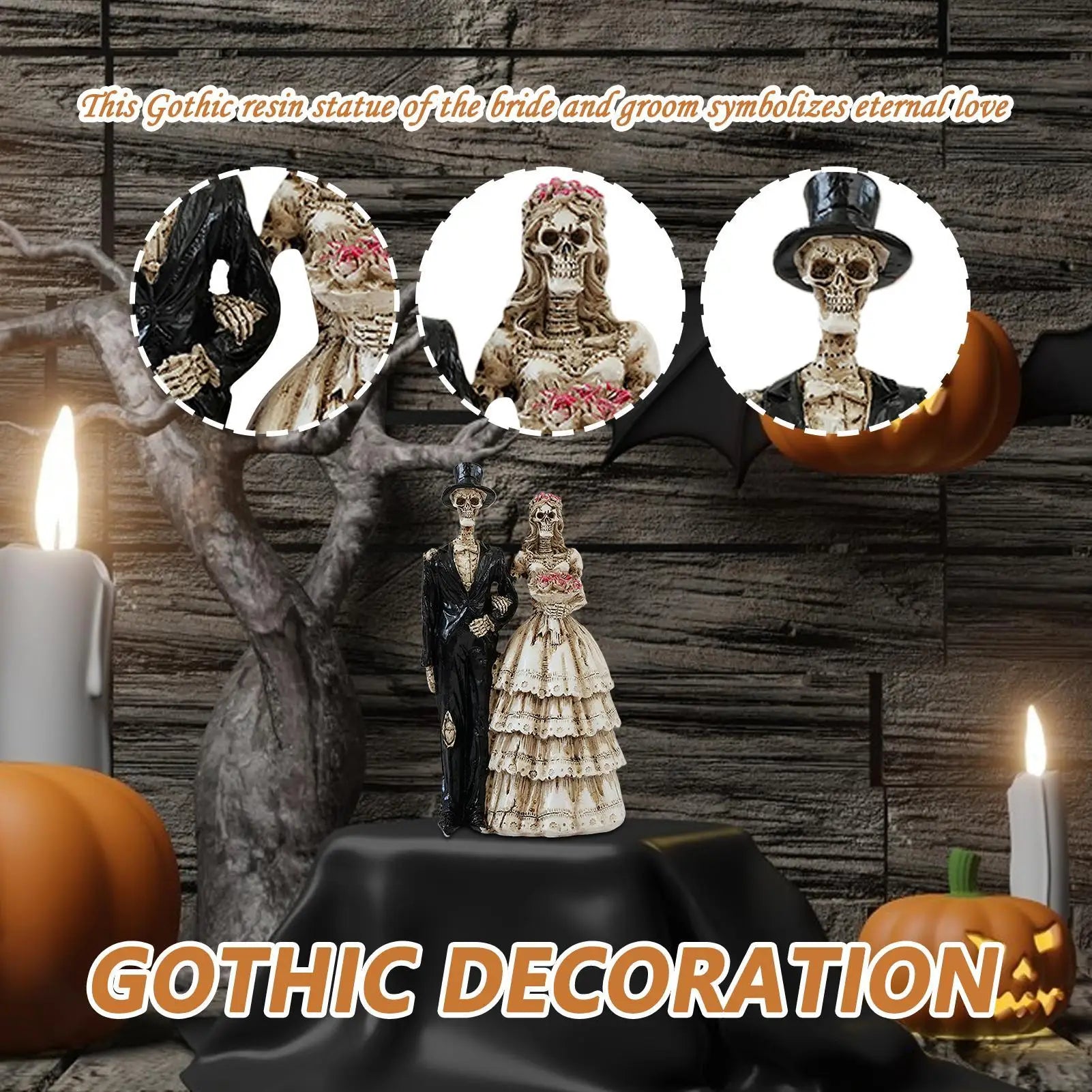 Gothic Skeleton Couple Resin Bride Groom Halloween Decoration Desk Qme
