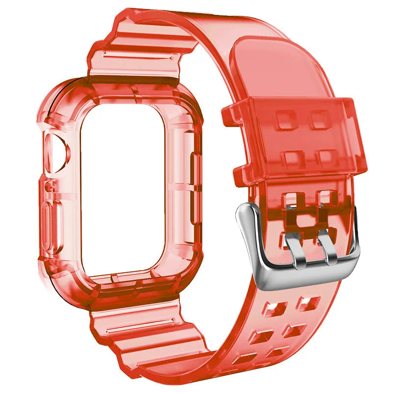 T 1 PCS Suitable for Apple Watch Transparent Jelly Colored Silicone Strap Integrated Waterproof Watch Protective Case for iWatch Qme Red 42 44 45mm