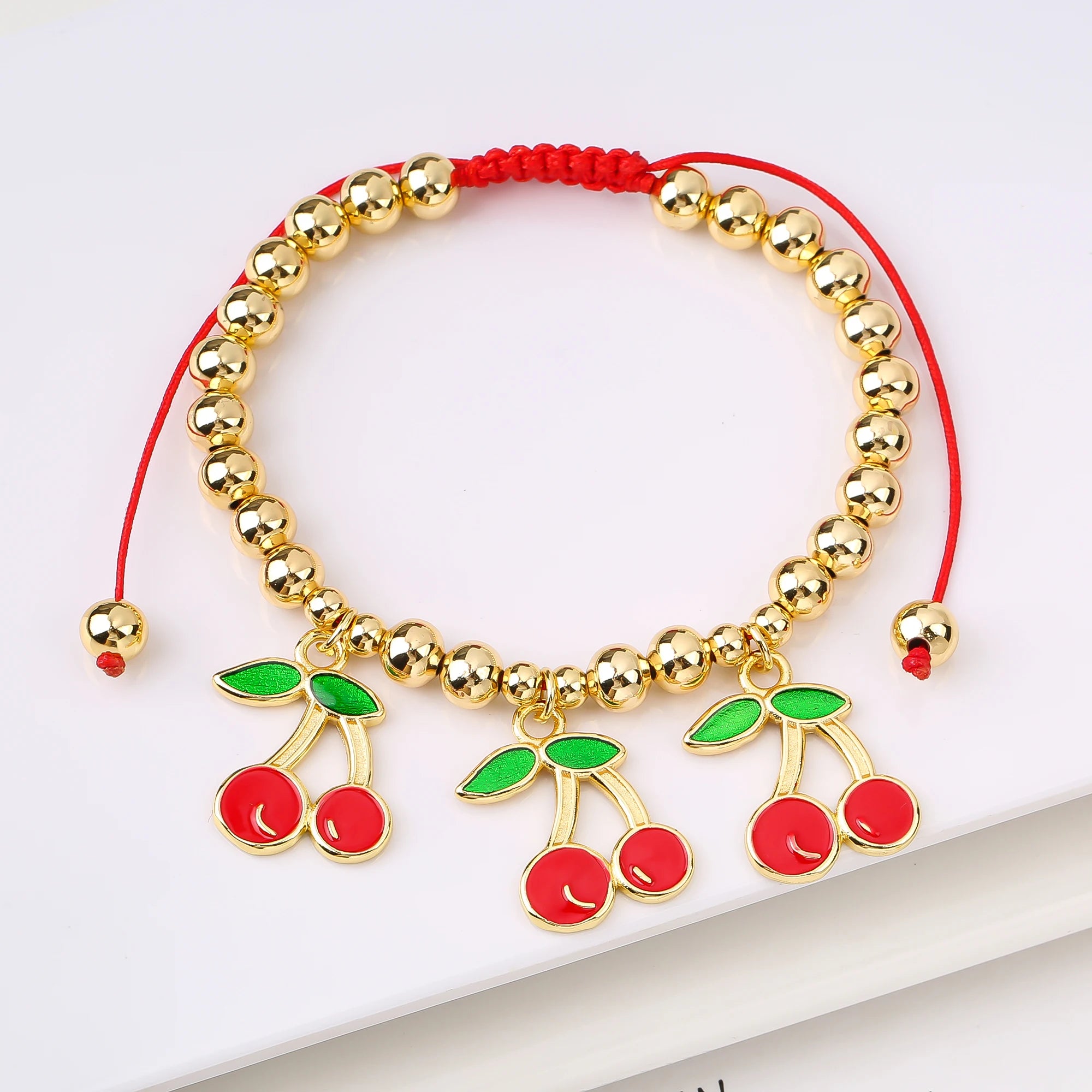Gold-Plated Copper Bead Chain Braid Crystal Red Cherry Bracelet for Woman Female Daily Party Wrist Jewelry Friendship Gift Qme 6
