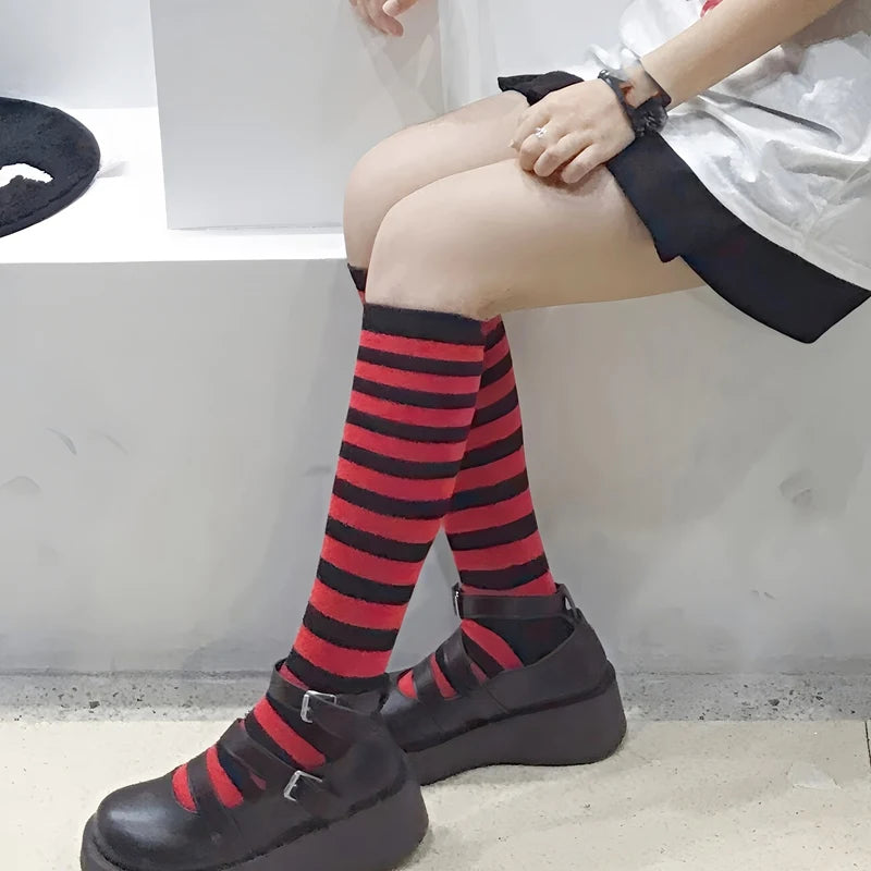 Women Black White Stripe Knee Socks Sweet Lolita Harajuku Stocking Qme
