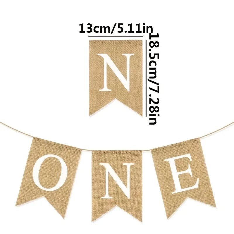 ONE Linen Decoration Banner Swallowtail Flag Year Birthday Pulling Qme
