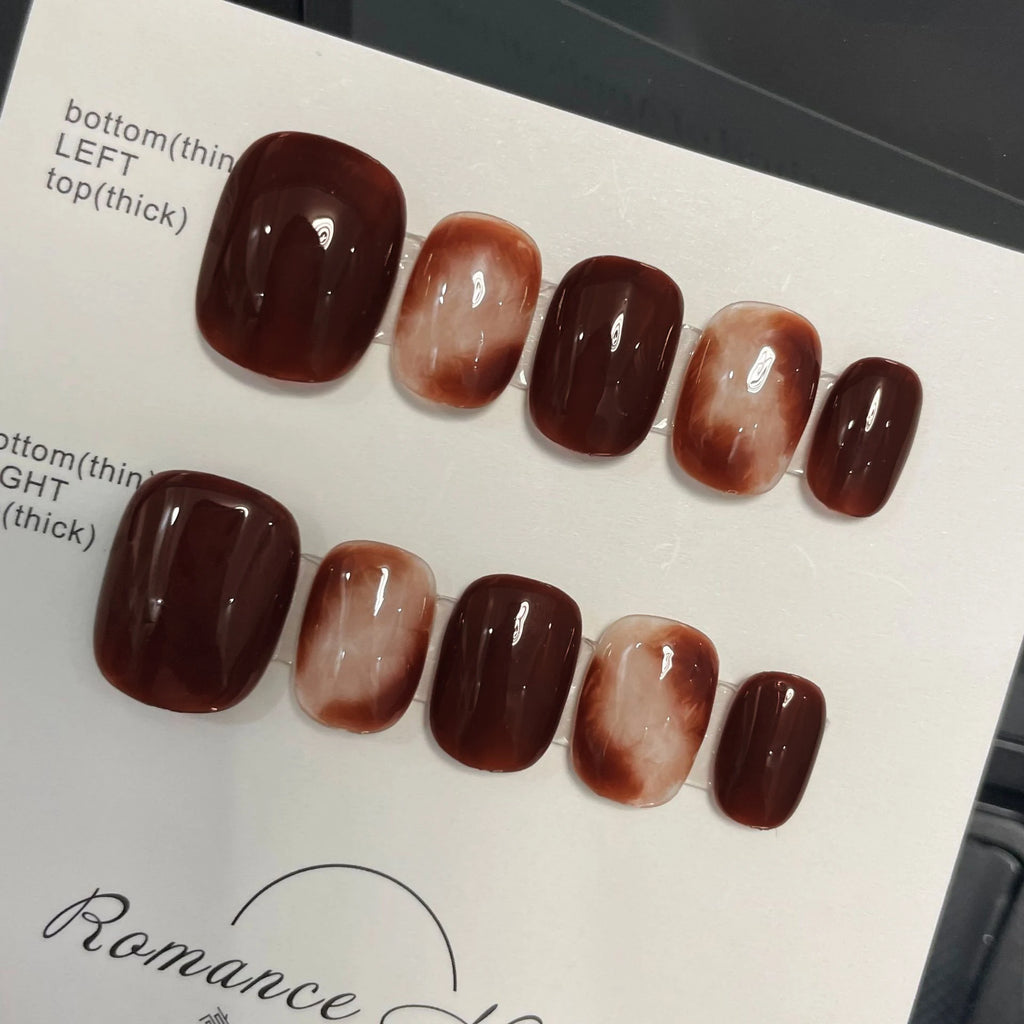 Caramel Handmade Short Fake Nails Press Full Cover Amber Blending Qme GJ-CDJ-ZB116-S