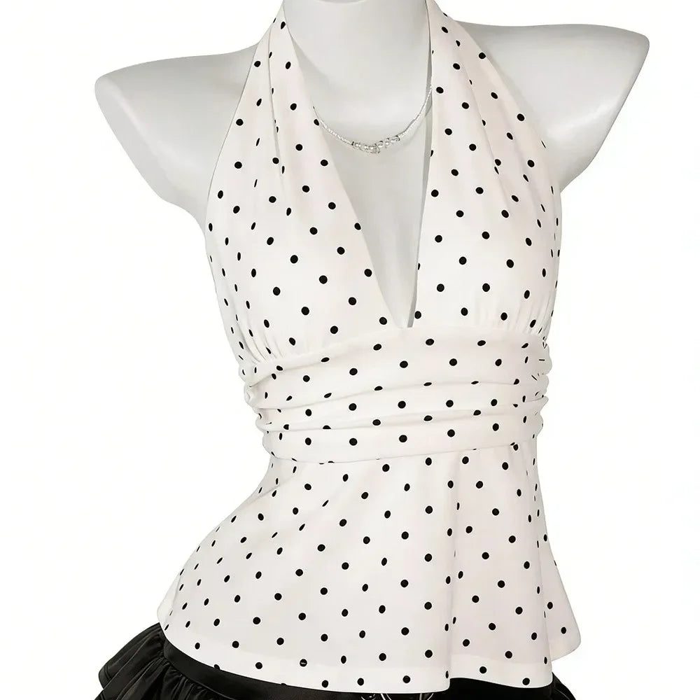 Fashion Sleeveless Women Crop Pleated Y2k Lace-up Dots Camisole Beach Qme White Dots S