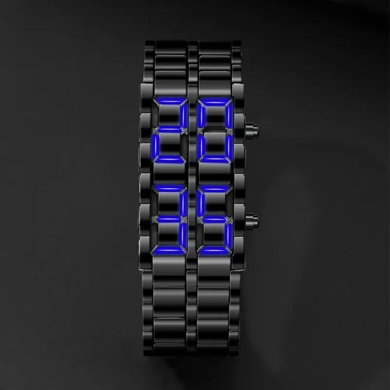 Relógio de pulso digital Lava masculino, metal completo preto, display LED azul, relógios masculinos, presentes para homem, Qme